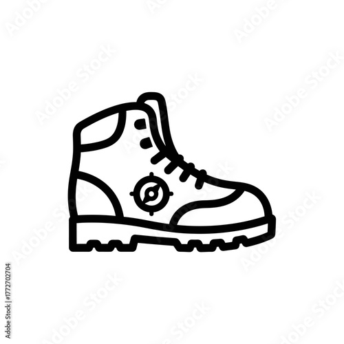 Black and White Hiking Boot Icon with Laces and Compass Detail.