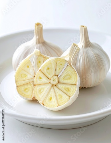 Close Up of Fresh Garlic Bulbs on White Plate with Detailed Texture and Natural Lighting