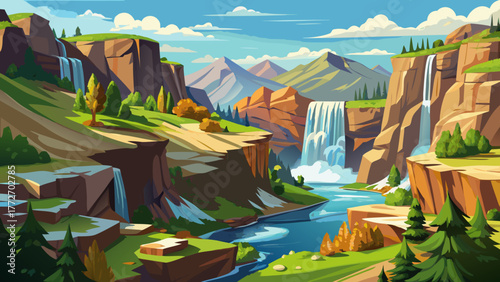 Very beautiful overlooking view of Twin Falls, Idaho, USA, featuring rugged cliffs, flowing waterfalls, lush greenery, and expansive natural landscapes under a clear sky.