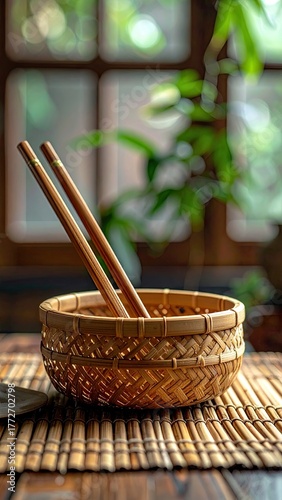 Close Up View of Woven Bowl with Chopsticks on Bamboo Mat Indoors