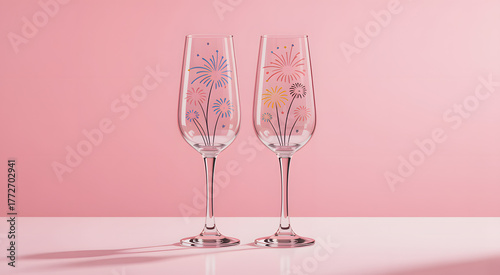 Two elegant champagne flutes with floral designs on a pink background