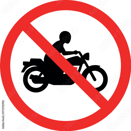 A black silhouette of a person riding a motorcycle is crossed out by a red prohibition circle, indicating that motorcycles are not allowed in this area.