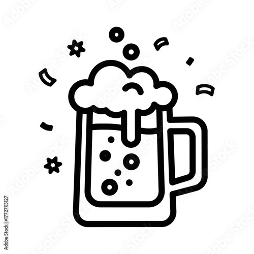 Black and White Outline of a Frothy Beer Mug with Bubbles and Confetti.