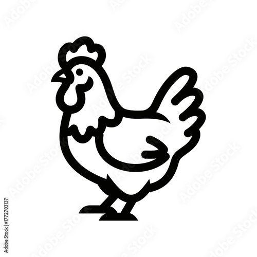 Black and White Outlined Chicken Illustration with Detailed Comb and Feathers.