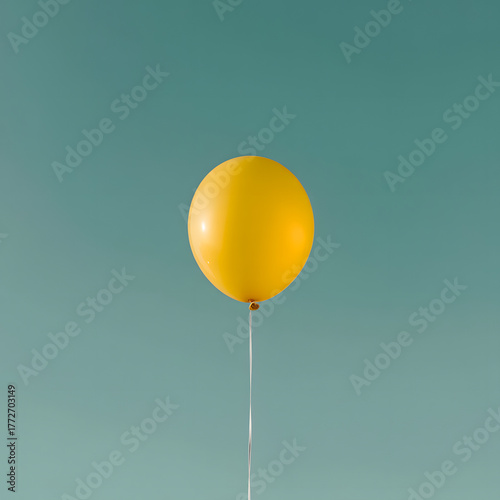A single yellow balloon floats against a teal sky
