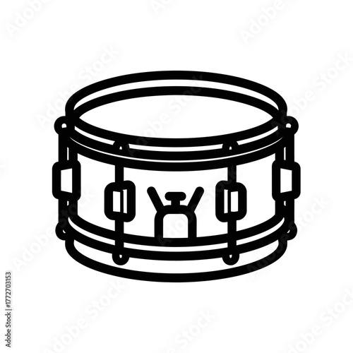 Black and White Outlined Snare Drum Icon with Detailed Hardware and Rim.