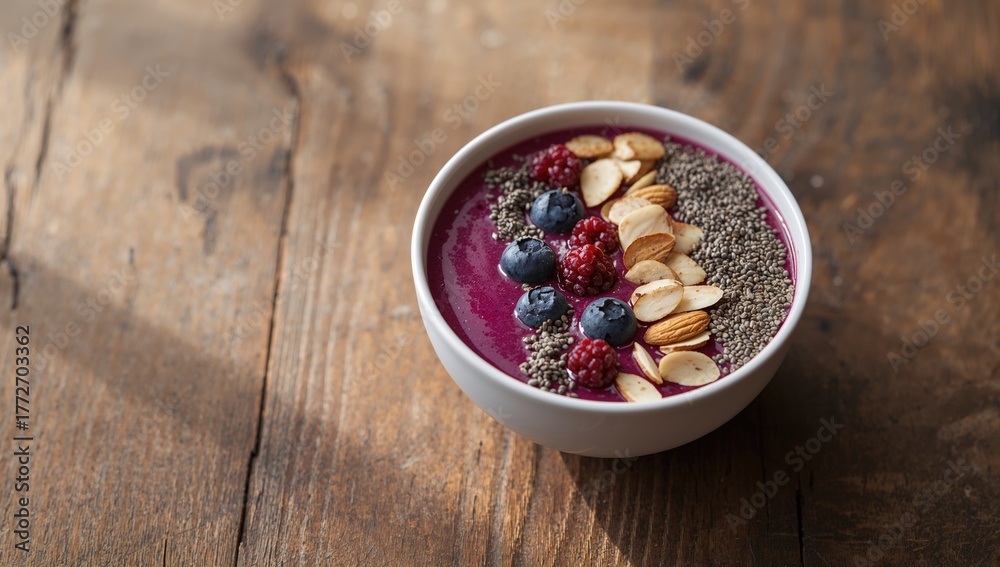 Fototapeta premium Blueberry smoothie bowl featuring almonds, goji berries, and chia seeds, fiber-dense choice