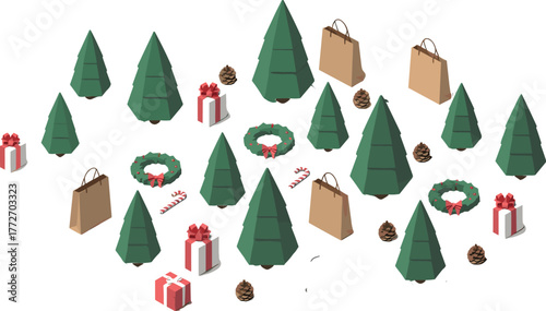 3D isometric Christmas illustration with decorated pine trees, gift boxes, candy canes, wreaths, lights, and festive holiday elements