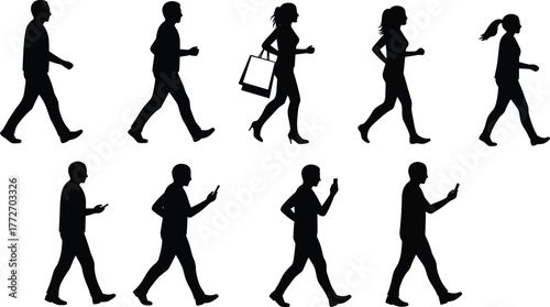 Walking people silhouette vector, mobile phone usage poses, urban lifestyle illustration, black flat artwork, cad drawing flat vector illustration