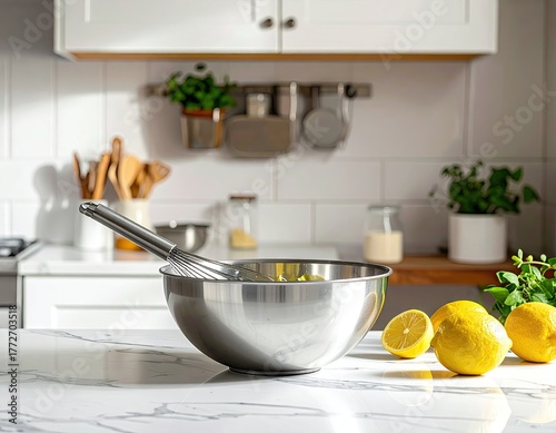 Close Up View of Stainless Steel Mixing Bowl with Whisk and Yellow Lemons on White Countertop in Kitchen