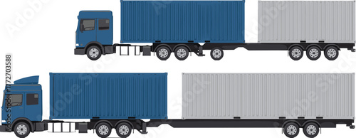 3D rendered illustration of semi trucks with cargo containers, heavy transport vehicles for logistics, shipping, freight, and industrial delivery