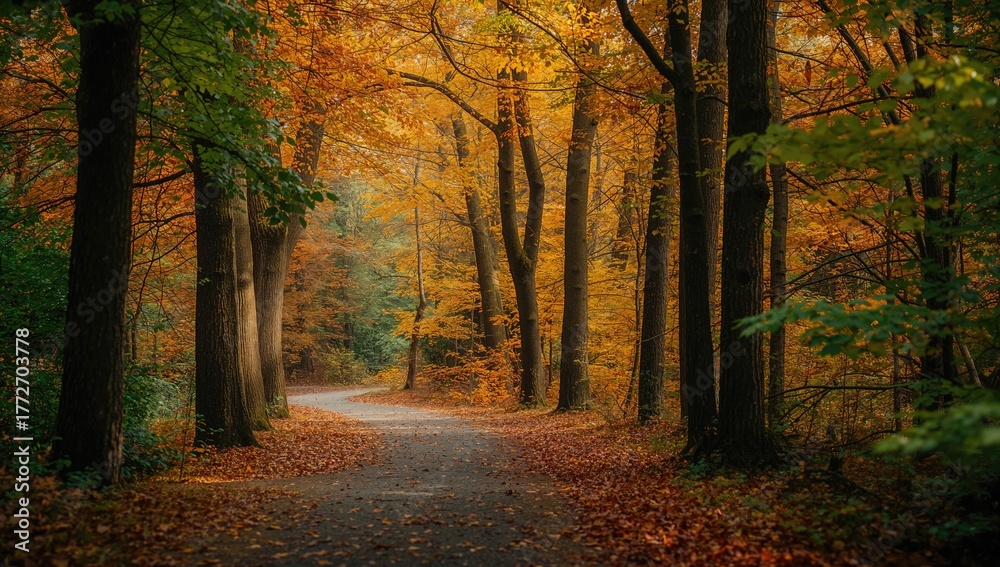Obraz premium Autumn park paths surrounded by trees, seasonal change