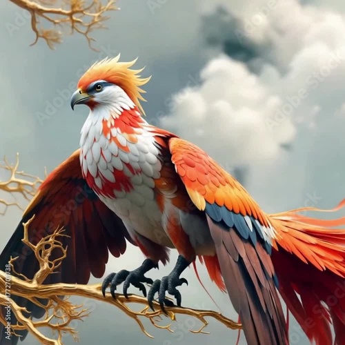 A large, brightly colored bird with a white, orange, and red body is perched dramatically on a gnarled, bare branch beneath a cloudy sky. Its massive wings are held open, showcasing its vibrant feathe