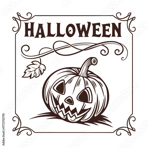 Spooky halloween pumpkin jack o lantern with elaborate decorative border and typography isolated on transparent background