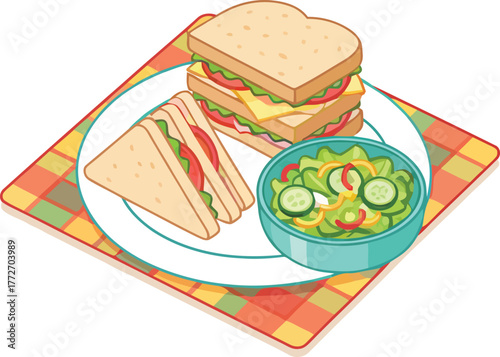 Cartoon Sandwich and Salad Lunch on a Plaid Placemat Illustration