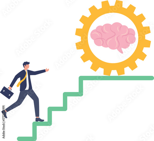Businessman runs up stacked gears forming stairs to reach the top with a brain,
