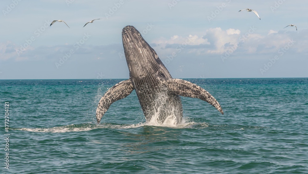 Fototapeta premium Megaptera novaeangliae breaching energetically in open ocean waters