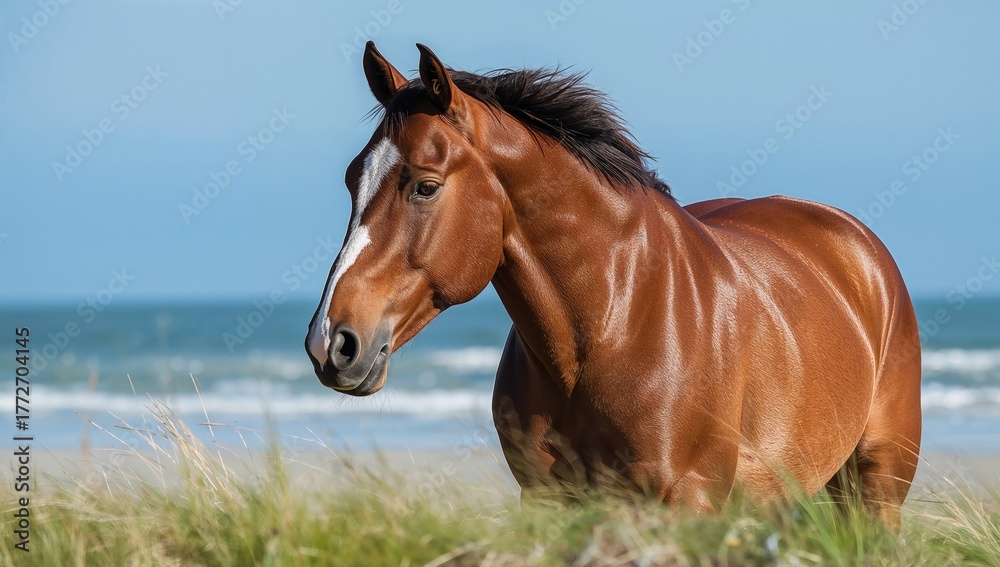 Fototapeta premium Assateague wild horses roaming in their natural seashore habitat, showcasing feral behavior and ecological balance
