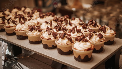 Delicious creamy mousse topped with whipped cream and chocolate served at a festive buffet