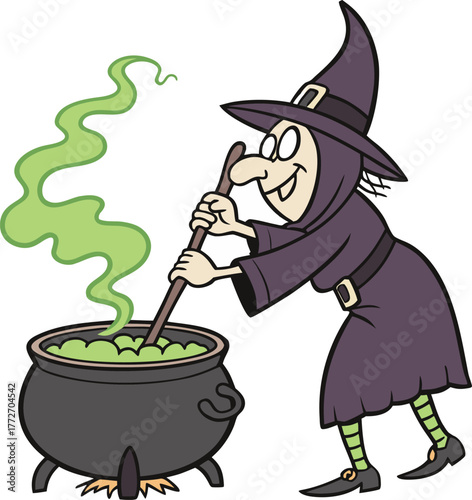 Cartoon witch stirring cauldron with green potion and spooky halloween smoke illustration isolated on transparent background