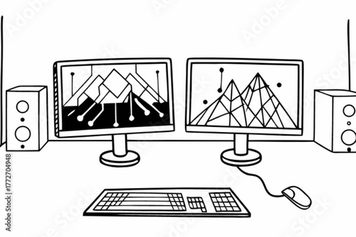 Minimilist two computer monitors with geometric designs, keyboard, mouse, and speakers in a black and white drawing vector