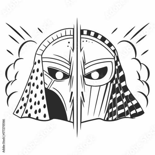 Minimilist stylized tribal mask with geometric patterns and cloud like shapes in a black and white drawing vector