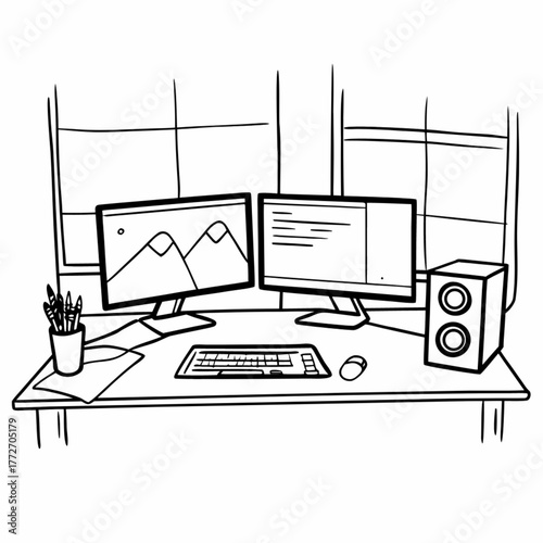 Minimilist illustration of a desk setup with dual monitors keyboard mouse speakers and window background visible vector