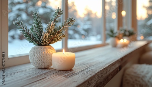Scandinavian minimalist Christmas background, neutral tones, wooden texture, pine branches, cozy candlelight atmosphere