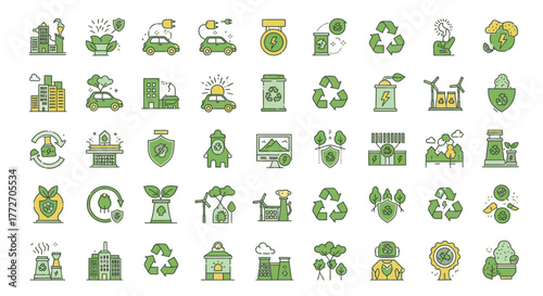This set of icons represents environmental protection, sustainability, and green energy solutions.