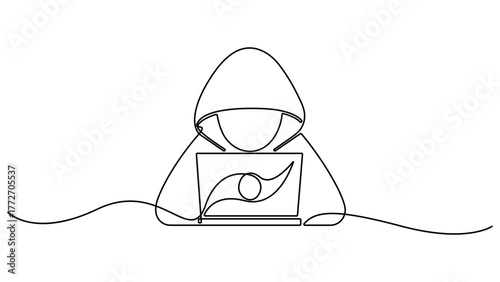 Continuous one line drawing of a Thief hacker. Concept hacking internet. Hacker stealing sensitive data as passwords from a personal computer. Line art vector illustration