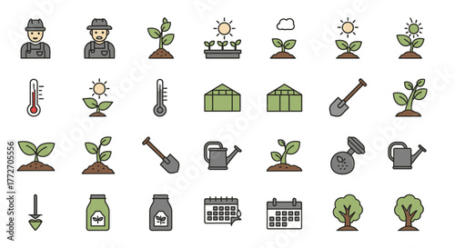 A collection of gardening and farming icons representing various aspects of agriculture and plant.
