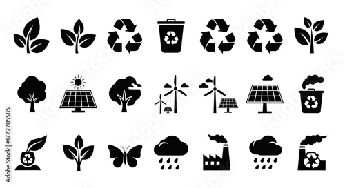 Collection of black environmental icons representing ecology, recycling, and renewable energy.
