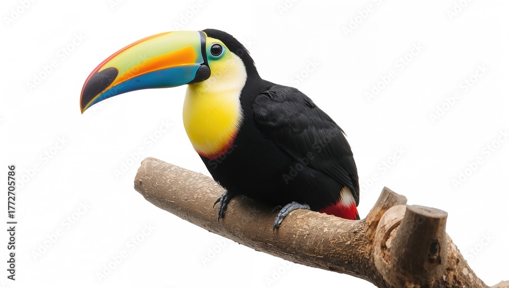 Obraz premium Toco toucan perched on a tree limb against a plain white backdrop