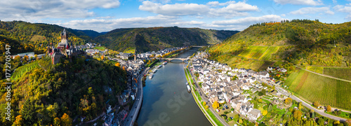 Aerial view of Cochem town with Reichsburg castle at the moselle river in Germany. Europe