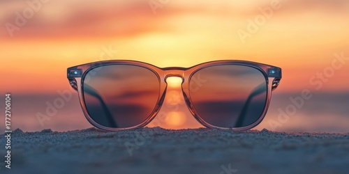 Sunglasses on Beach Sand at Sunset, Summer Vacation Scene