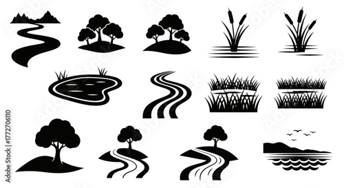Collection of black and white nature elements including rivers, trees, ponds, and reeds for.