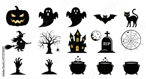 A collection of spooky Halloween themed silhouettes are presented against a white backdrop.
