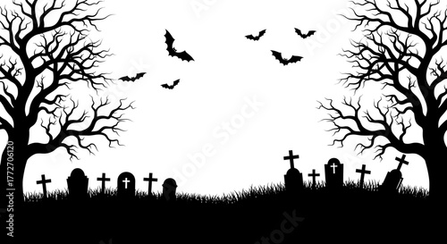 Silhouette of spooky trees, tombstones and flying bats creates a Halloween night scene.