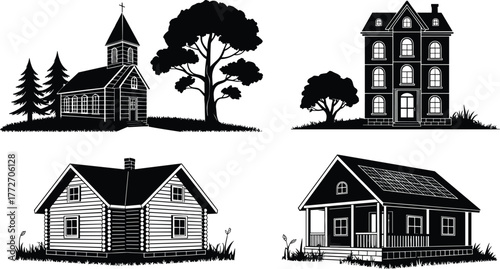 Black and white illustration of four different house designs, church, log cabin, modern home, and countryside architecture silhouettes