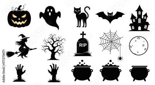 Collection of Halloween silhouettes including a pumpkin, ghost, cat, bat, castle, witch, tree,.
