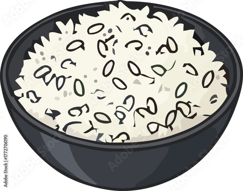 A bowl of rice with black sesame seeds and green herbs