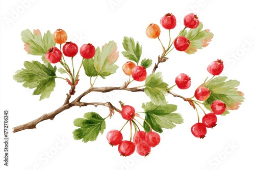 Vibrant red berries and lush green leaves in watercolor composition showcasing nature's freshness and contrast on a clean white background for botanical enthusiasts and art lovers