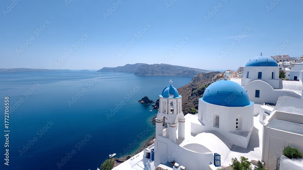 Fototapeta premium Santorini Vista: Captivating coastal scene showcases iconic blue-domed churches nestled amidst pristine whitewashed buildings, overlooking the Aegean Sea's sapphire expanse on a bright day.