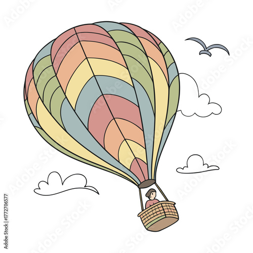 Colorful hot air balloon soars freely through the sky with a seagull companion isolated on transparent background