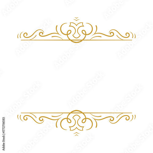 Decorative gold frame element with symmetrical swirls and flourishes at the top and bottom, creating a space for text.
