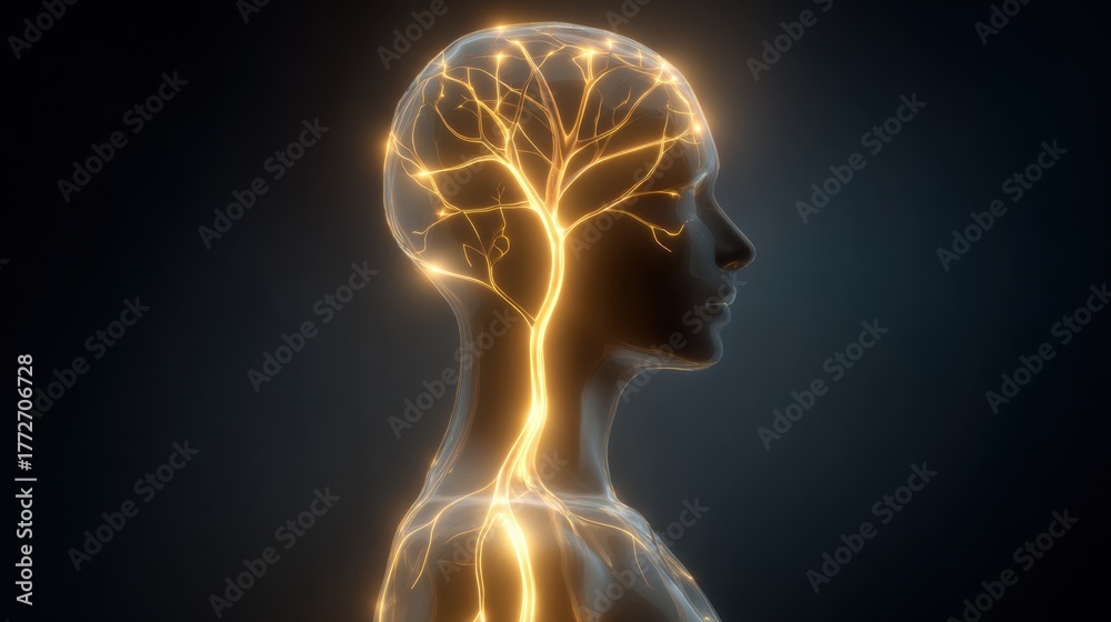 Obraz premium Human Silhouette with Glowing Neural Tree Structure Representing Connection and Intelligence in Dark Background