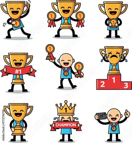 Cartoon characters celebrating victory and achievements with trophies