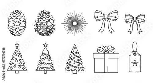 A set of outlined christmas elements including pine cones, trees, gifts, bows, and a starburst for.