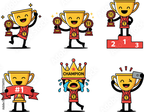 Cute cartoon trophy characters celebrating victory and achievements