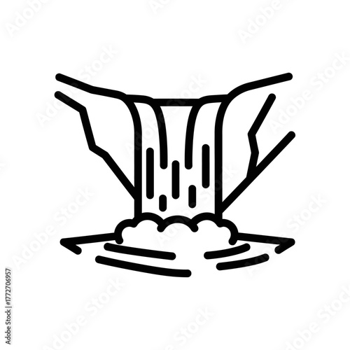 Stylized Line Art Icon of a Cascading Waterfall Flowing Downward.